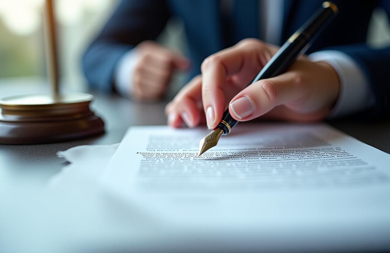 Close-up of a legal professional reviewing a precise contract in a London office