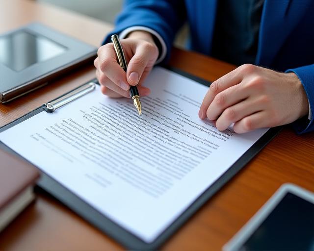 Senior legal consultant meticulously reviewing a commercial agreement