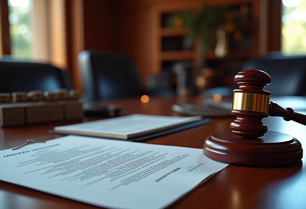 British legal documents and a gavel on a mahogany desk